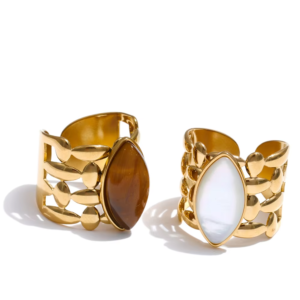 Brown Tiger Stone & Pearl Open Ring