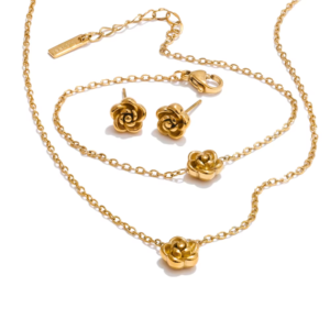 Rose Flower Stud Earrings Bracelet Necklace Sets