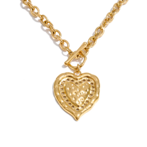 Hammered Heart Pendant Necklace w Toggle Clasp T-Bar Jewelry Necklace