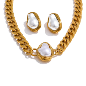 Golden Cuban Chain Necklace Earrings with Simulated Pearls