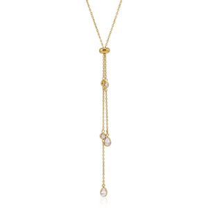 Adjustable Y Necklace w White Round Teardrop Zircon Lariat Tassel Pendant