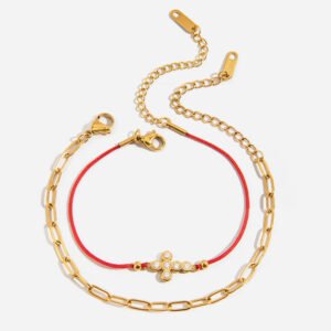 Stainless Steel Rhinestone Cross Red Rope Bracelet