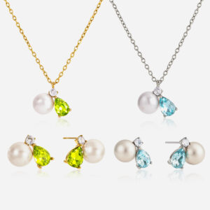 Modern Classical Zirconia Pearls Stud Earrings O-Link Drop Shape Necklace Set