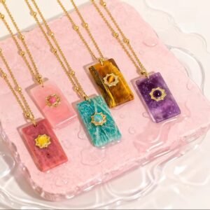 Natural Stone Square Pendant Necklace Starburst Gem Charm Necklaces
