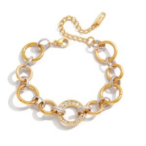 Two Tone Gold Silver Bracelet Openwork Circle Chain with Zirconia