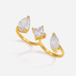 Geometric Two Finger Adjustable Ring with Marquise Square Zirconia