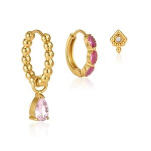 Sweet 3-Piece Pink Zirconia Earring Set Waterproof Drop Huggie Stud Earrings