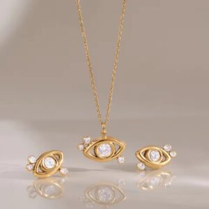 White Round Zircon Evil Eye Stud Earring CZ Pendant Necklace Earrings Gift Set