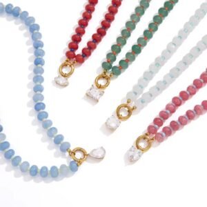 Aquamarine Green Seed Bead Necklace Teardrop Zircon Pendant Jewelry