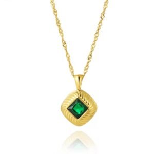 14k Gold Plated Square Thread with Pink Green White Zirconium Stainless Steel Necklace Women