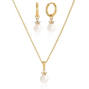Zircon Shell Pearls Huggies Earrings O-Link Necklace Set Gift