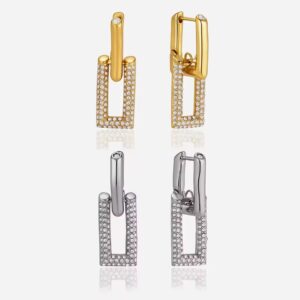 White Rhinestone Double Hoop Drop Earrings for Women