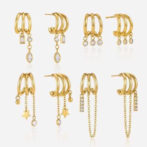 Asymmetric C Shape Hollow CZ Tassel Earrings