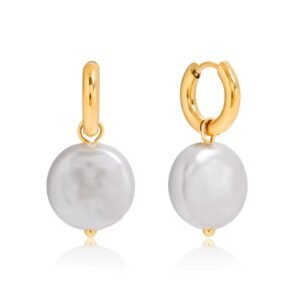 Flat Round Glass Pearl Smooth Hoop Huggie Earrings