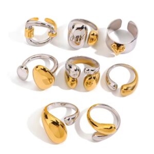 Luxury Chunky Stainless Steel 18K Gold Rings Layered Two Tone Water Drop Zircon Rings