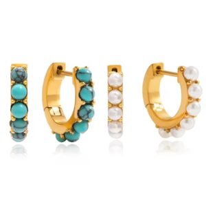 Turquoise White Pearl Cab Huggie Hoop Earrings