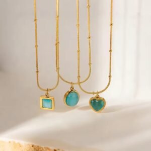 Blue Cat Eye Heart Pendant Necklace Gold Beaded Chain Charm Necklaces