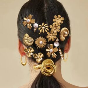 Stainless Steel Pearl Ribbed Flower Hair Clip