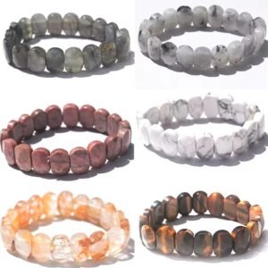 Moonstone Tigers Eye Charm Beads Bracelet with Rutilated Quartz White Pine Stone Bangle Loose Beads