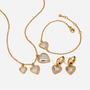 Chunky Screw Thread Heart Earring Bracelet Necklace Bicolor Heart Jewelry Set