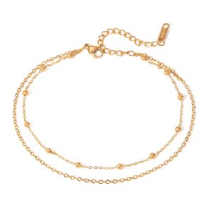18K Gold Plated Stainless Steel Double Layer Bead Chain Anklet, 22+5cm