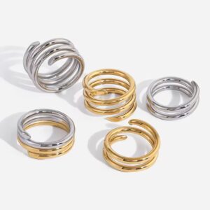 Chunky Spiral Coil Ring Two Tone Hammered Open Adjustable Statement Retro Gift