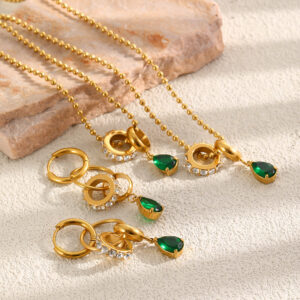 Stainless Steel Jewelry Set Green Zircon Circle Earrings Bracelet Necklace