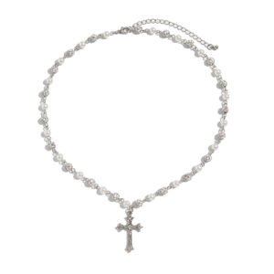 Men Rhinestone Cross Necklace Hip Hop Clavicle Chain with Pearl & Diamond