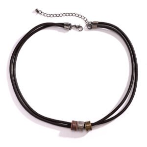 Men Minimal Leather Knot Ring Beaded Necklace