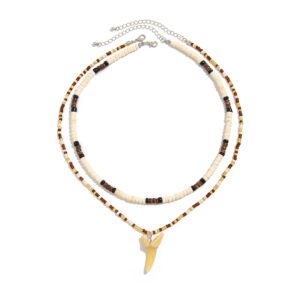 Men Imitation Shark Tooth Necklace Summer Coconut Wood Bead Clavicle Chain