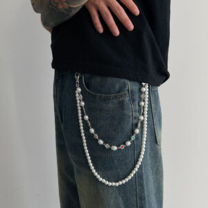 Men Luxury Pearl Flower Pants Chain Hip Hop Niche Jean Waist Chain