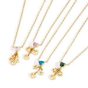 Green Blue Pink Star Hollow Heart Clover Zircon Necklace